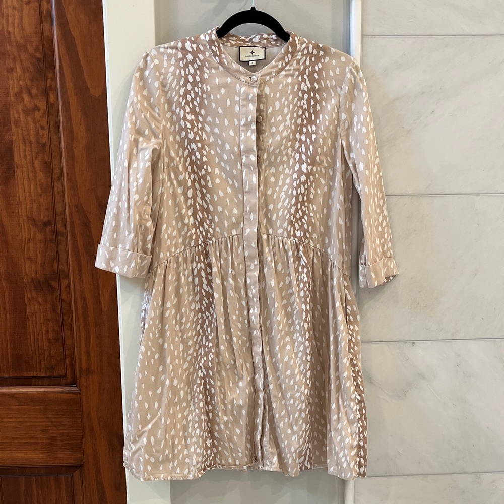 Tuckernuck Beige and White Dot-Print Button Front Dress